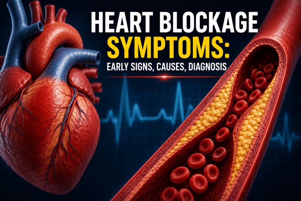 Heart blockage symptoms illustration showing a human heart and a coronary artery narrowed by cholesterol plaque, highlighting early signs, causes, and diagnosis.