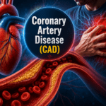Medical illustration of coronary artery disease showing a narrowed artery with cholesterol plaque, red blood cells, and a person experiencing chest discomfort.