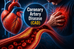 Medical illustration of coronary artery disease showing a narrowed artery with cholesterol plaque, red blood cells, and a person experiencing chest discomfort.