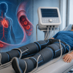 Man receiving EECP therapy with inflatable leg cuffs in a clinical setting, illustrating enhanced blood circulation and cardiovascular support.