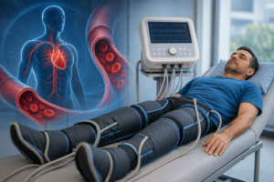 Man receiving EECP therapy with inflatable leg cuffs in a clinical setting, illustrating enhanced blood circulation and cardiovascular support.