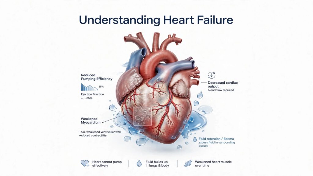Medical illustration of heart failure showing weakened heart muscle, reduced pumping efficiency and fluid retention
