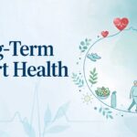 Long-Term Heart Health - concept image with ECG heartbeat line, heart icons, healthy food, exercise shoes and senior couple walking, representing preventive cardiology and daily habits for a healthier heart