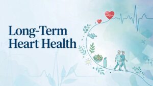 Long-Term Heart Health - concept image with ECG heartbeat line, heart icons, healthy food, exercise shoes and senior couple walking, representing preventive cardiology and daily habits for a healthier heart