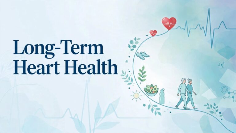 Long-Term Heart Health - concept image with ECG heartbeat line, heart icons, healthy food, exercise shoes and senior couple walking, representing preventive cardiology and daily habits for a healthier heart